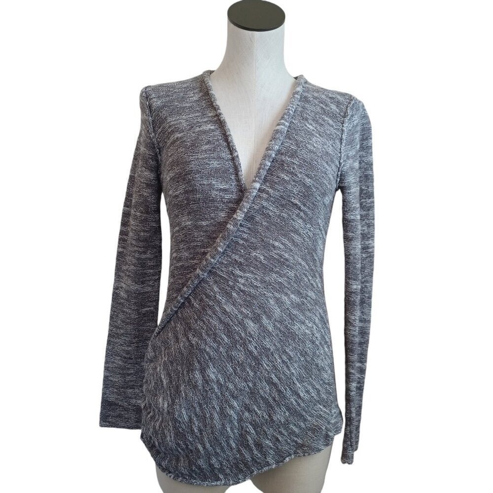 Free People Womens Grey Marled Wrap Front V-Neck Ruched Long Sleeve Sweater M